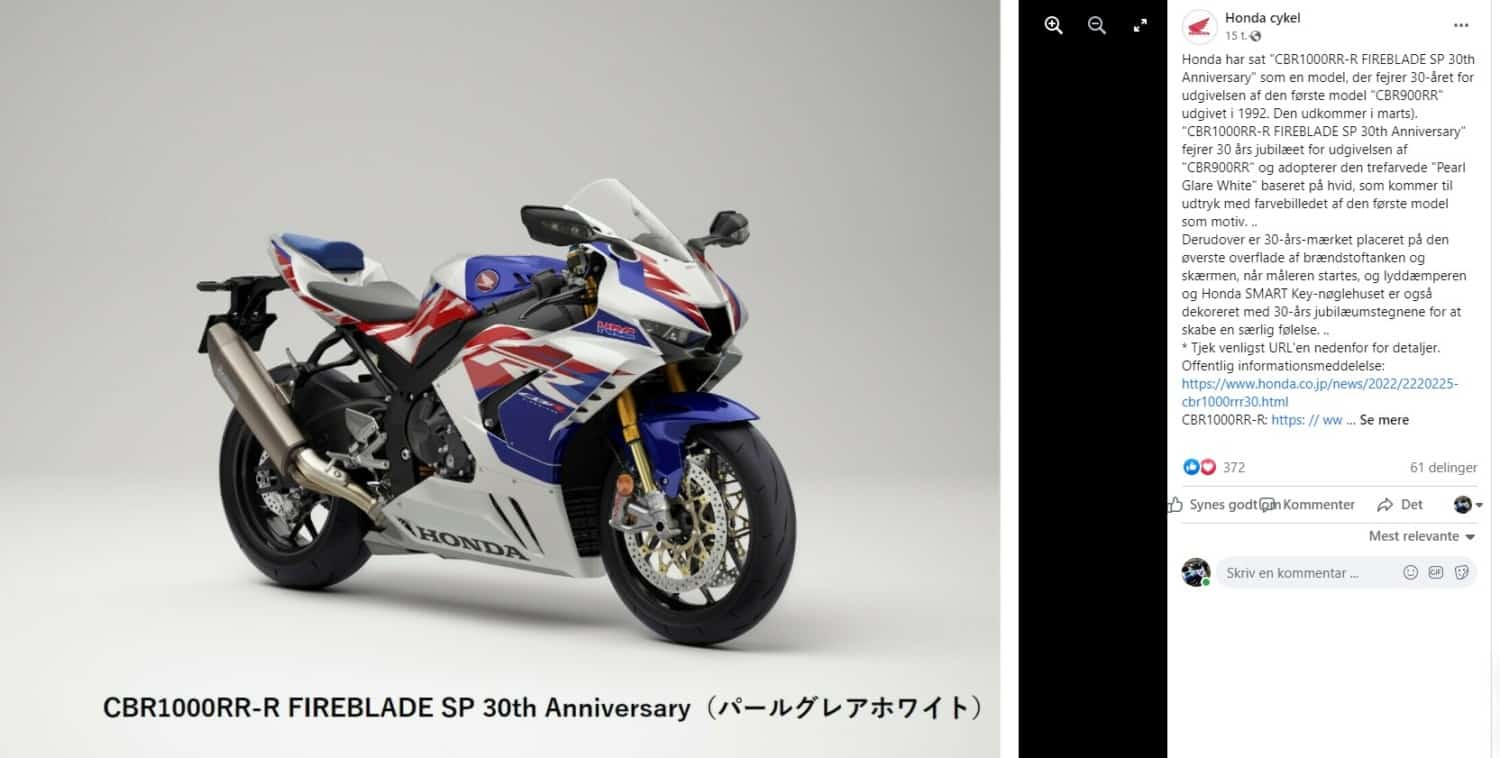 Nu kan Honda CBR1000RR-R 30 års jubilæumsmodellen bestilles